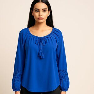 Peasant top cobalt blue w embroidered accent sleeves boho Size Small